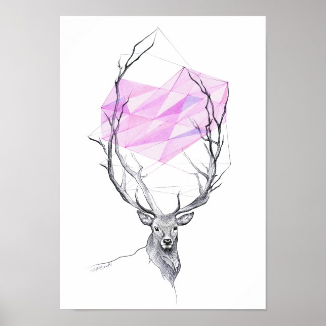 Deer and pink geometric heart drawing Animal art Poster (Front)