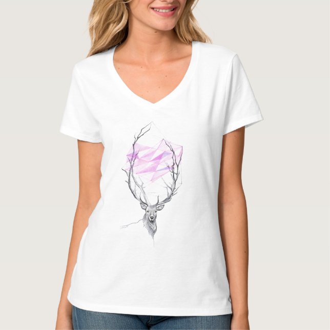 Deer and pink geometric heart drawing Animal art T-Shirt (Front)