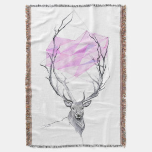 Deer and pink geometric heart drawing Animal art Throw Blanket