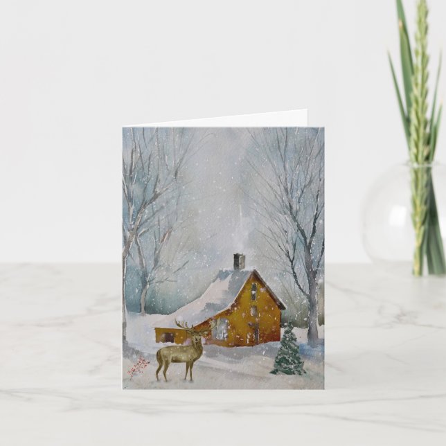 Deer and Rustic Cabin in Snowy Forest Holiday Card (Front)