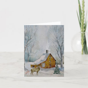 Deer and Rustic Cabin in Snowy Forest Holiday Card