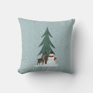 Deer and Snowman in Snowflakes Throw Pillow