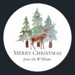 Deer And Snowy Pine Christmas  Classic Round Sticker<br><div class="desc">Snowy pine trees and deer family name Christmas stickers. Customisable!</div>