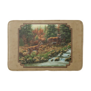 Deer and Stream Waterfall Tan Bath Mat