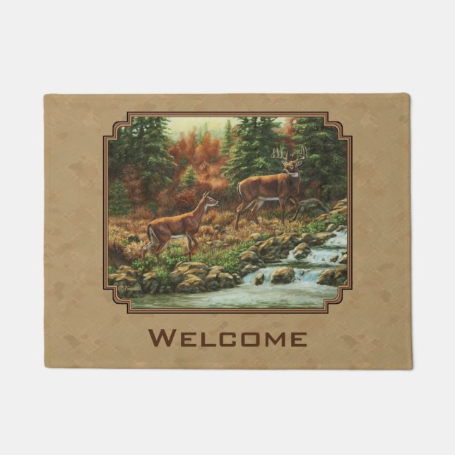 Deer and Stream Waterfall Tan Doormat (Front)