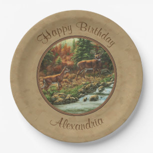 Deer and Stream Waterfall Tan Paper Plate