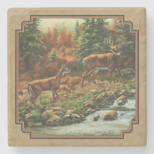 Deer and Stream Waterfall Tan Stone Coaster