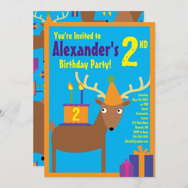 Deer Animal Kid's Birthday Party Invitations (Front/Back)