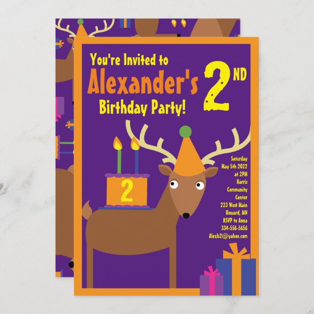Deer Animal Kid's Birthday Party Invitations (Front/Back)