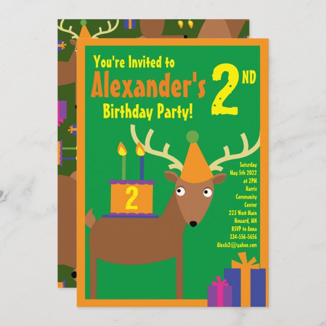 Deer Animal Kid's Birthday Party Invitations (Front/Back)