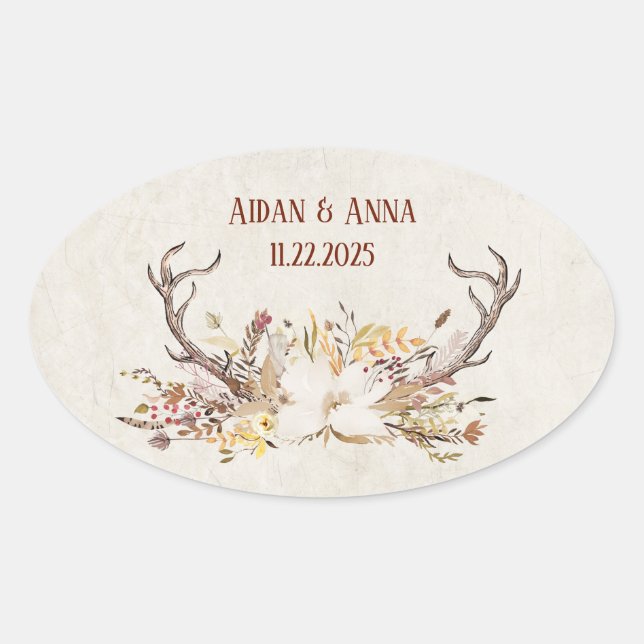 Deer antler and wedding flowers oval sticker (Front)