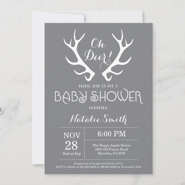 Deer Antler Baby Shower Invitation Grey (Front)