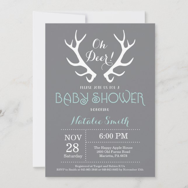 Deer Antler Baby Shower Invitation Grey and Aqua (Front)