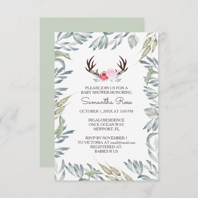 DEER ANTLER Baby Shower Invite, Girl Invitation (Front/Back)
