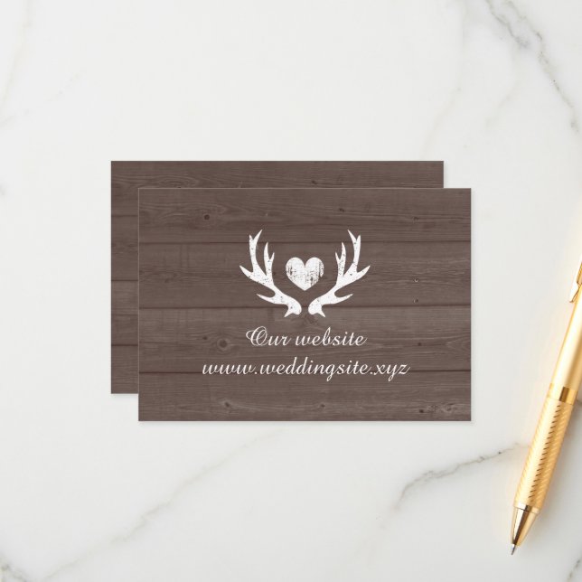 Deer antler brown rustic wood background wedding enclosure card (Front/Back In Situ)