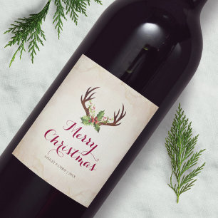 Deer Antler Christmas Wine Label Rustic Boho