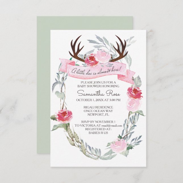 DEER ANTLER Girl Baby Shower Invite, Pink Invitation (Front/Back)