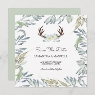 DEER ANTLER & Greenery Save The Date, Blue Invitation