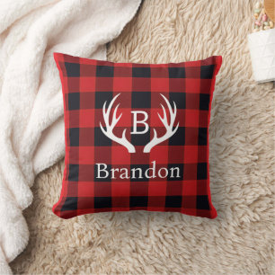 Deer Antler Initial Buffalo Plaid Cushion