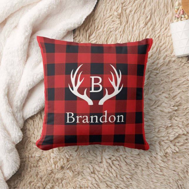 Deer Antler Initial Buffalo Plaid  Cushion (Blanket)