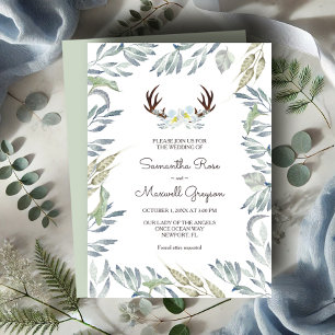 DEER ANTLER Rustic Sage Green Wedding Invitation