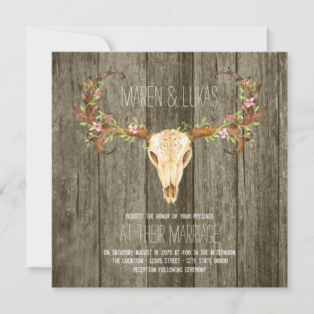 Deer Antler Rustic Wood Southwestern Wedding Invitation (Front)