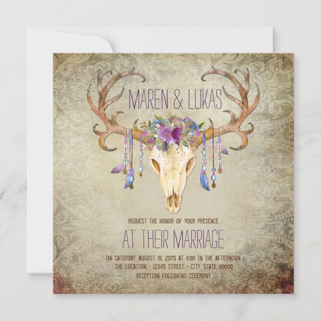 Deer Antler Skull Southwestern Wedding Invitation (Front)