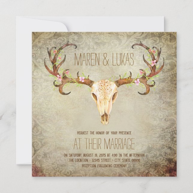 Deer Antler Skull Southwestern Wedding Invitation (Front)