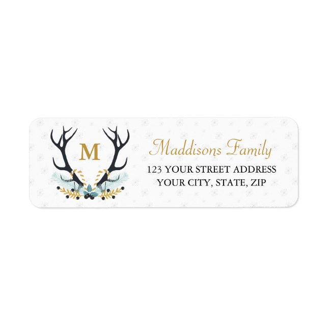 Deer Antler Wreath Gold Monogram Address (Front)