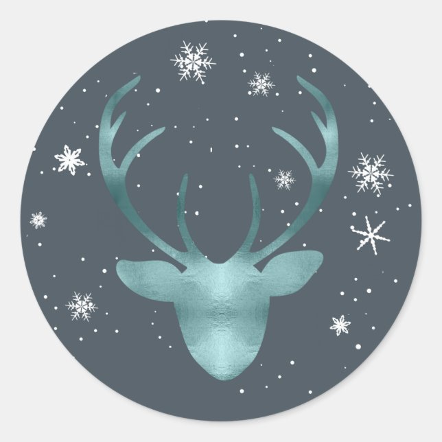 Deer Antlers and Snowflakes V2 Teal ID861 Classic Round Sticker (Front)