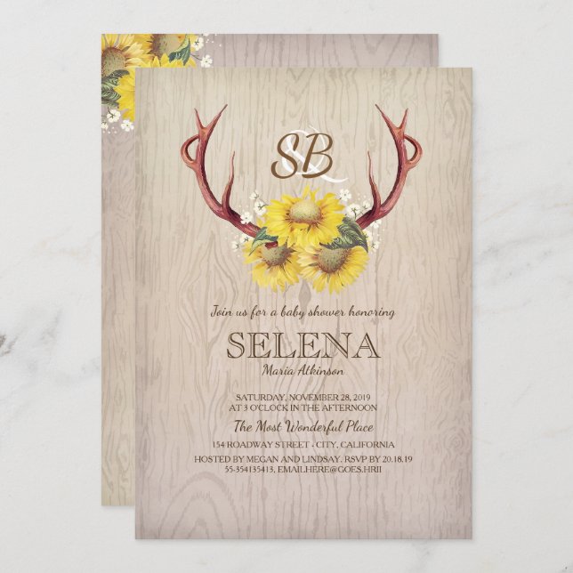 Deer Antlers and Sunflower Rustic Baby Shower Invitation (Front/Back)