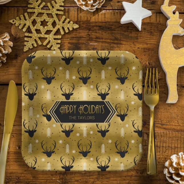 Deer Antlers Arrows Christmas Pattern Gold ID861 Paper Plate (Creator Uploaded)