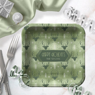 Deer Antlers Arrows Christmas Pattern Green ID861 Paper Plate
