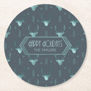 Deer Antlers Arrows Christmas Pattern Teal ID861 Round Paper Coaster
