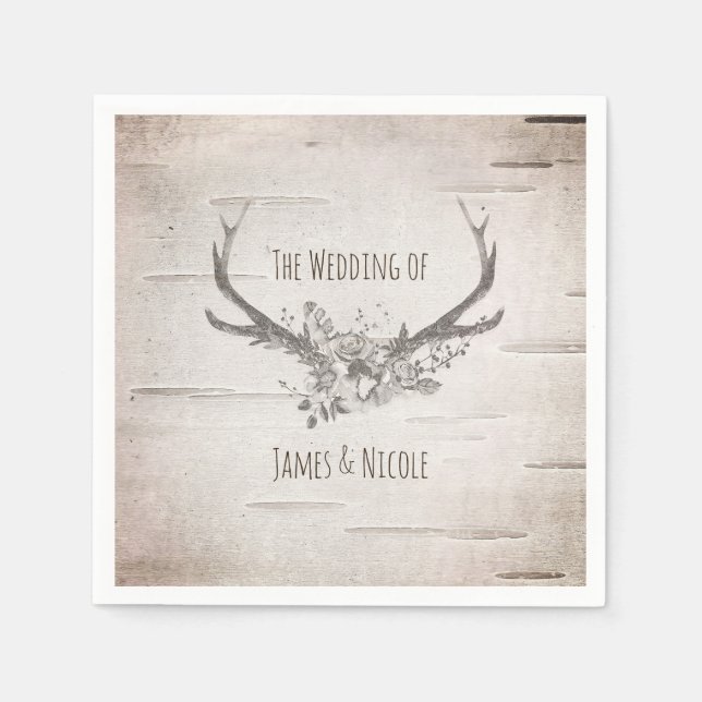 Deer Antlers & Birch Vintage Wedding Reception Napkin (Front)