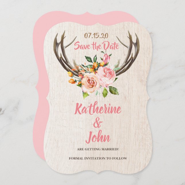 Deer Antlers Blush Rustic Floral save the date Invitation (Front/Back)