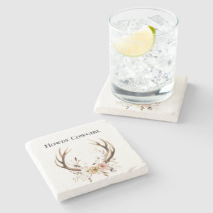 Deer Antlers Cowgirl Pink Floral Stone Coaster