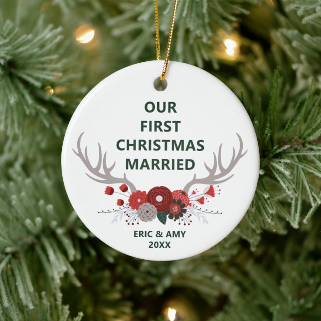 Deer Antlers First Christmas Married Personalised Ceramic Tree Decoration (Tree)