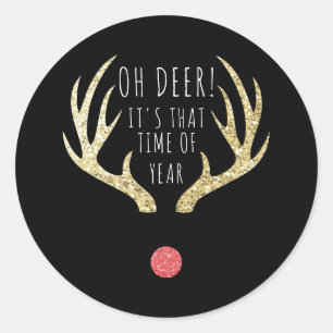 Deer Antlers Gold & Black Christmas Holiday Party Classic Round Sticker