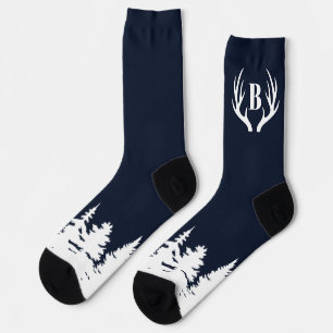 Deer Antlers Men's Crew Socks Blue and White