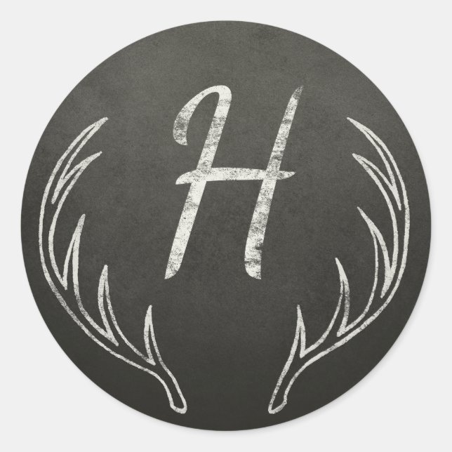 Deer Antlers Monogram Black and White Chalkboard Classic Round Sticker (Front)