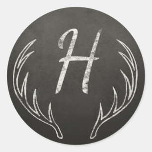 Deer Antlers Monogram Black and White Chalkboard Classic Round Sticker