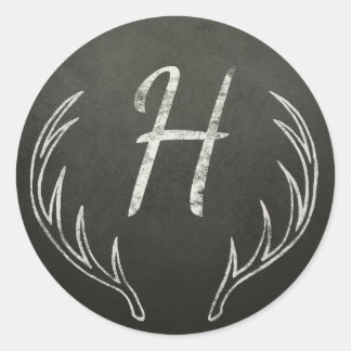 Deer Antlers Monogram Black and White Chalkboard Classic Round Sticker