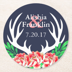 Deer Antlers & Peonies Bride & Groom Wedding Date Round Paper Coaster