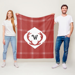 Deer Antlers Rustic Minimal Monogram Burgundy Fleece Blanket