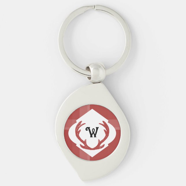 Deer Antlers Rustic Minimal Monogram Burgundy Key Ring (Front)