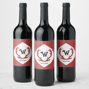 Deer Antlers Rustic Minimal Monogram Burgundy Wine Label