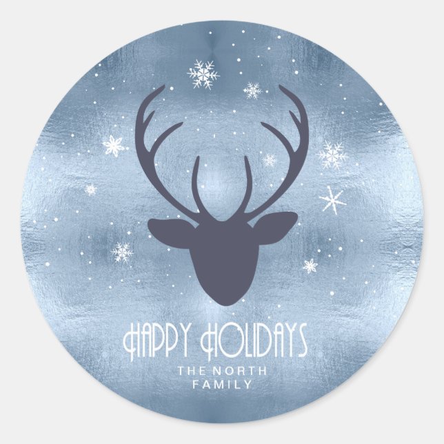Deer Antlers Silhouette & Snowflakes Blue ID861 Classic Round Sticker (Front)