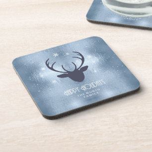 Deer Antlers Silhouette & Snowflakes Blue ID861 Coaster