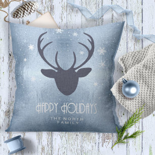 Deer Antlers Silhouette & Snowflakes Blue ID861 Cushion